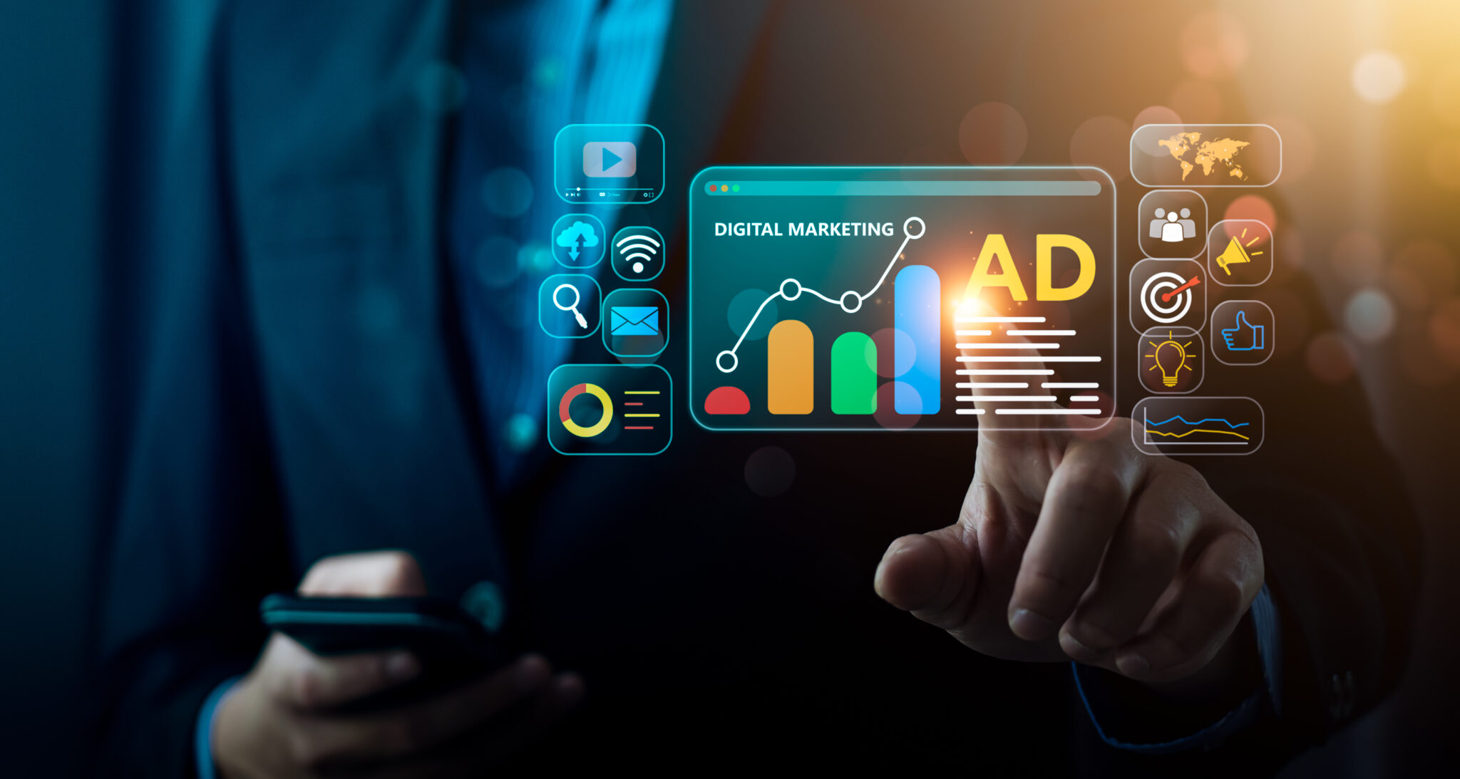 Marketing strategy visual with data and charts.